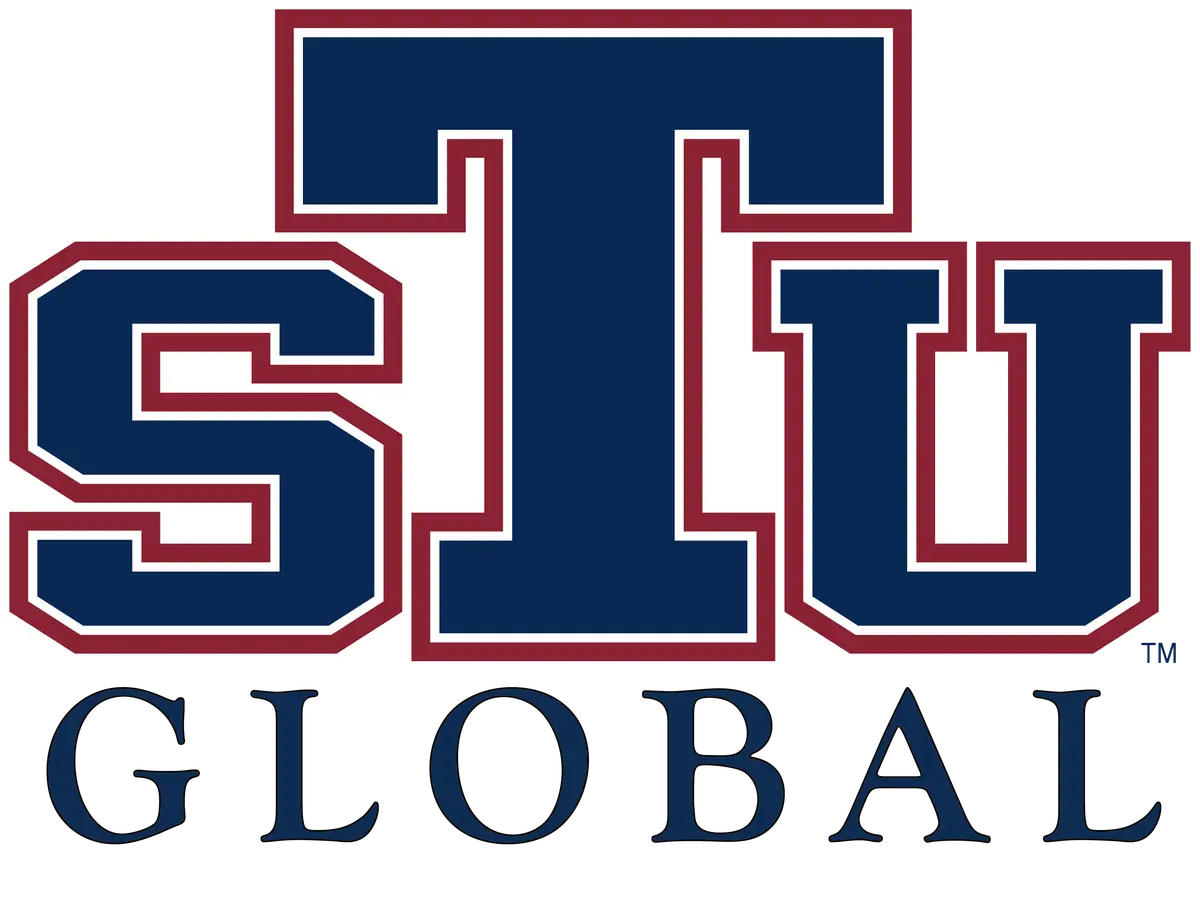 STU Global university logo featuring large navy blue letters S, T, U with maroon outlines above the word Global